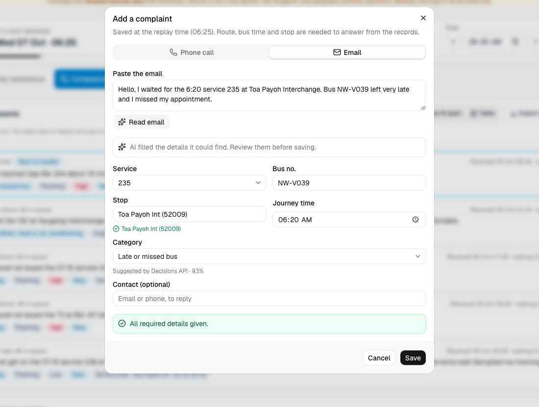 The Add a complaint dialog. A pasted email about the 6:20 service 235 at Toa Payoh Interchange has been read by AI, filling service 235, bus NW-V039, stop Toa Payoh Int (52009) and journey time 06:20. The category, Late or missed bus, is marked 'Suggested by Decisions API, 93%'.