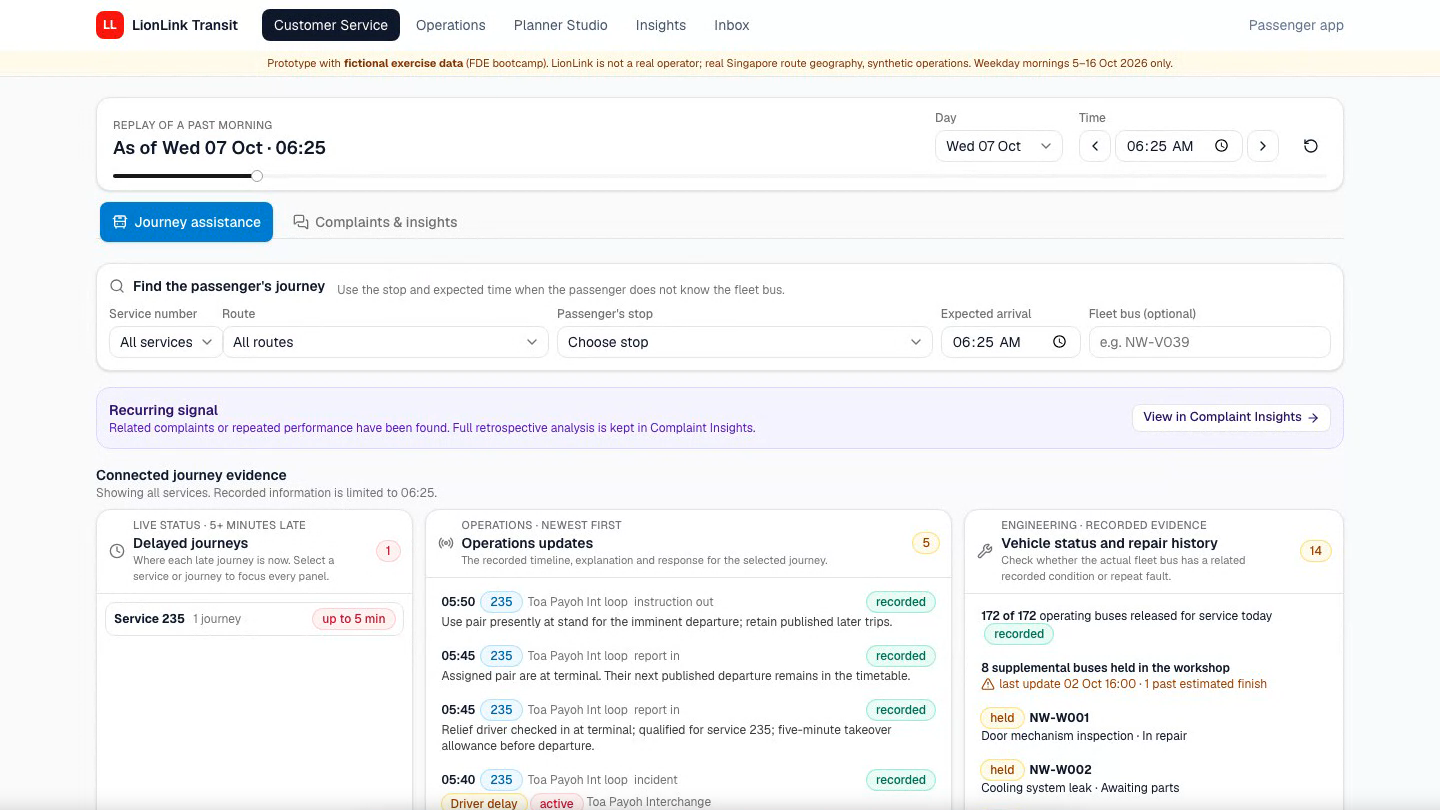 The Customer Service console replaying Wednesday 7 October at 06:25. A journey search sits above three panels: delayed journeys, Operations updates for service 235, and Engineering vehicle status and repair history.