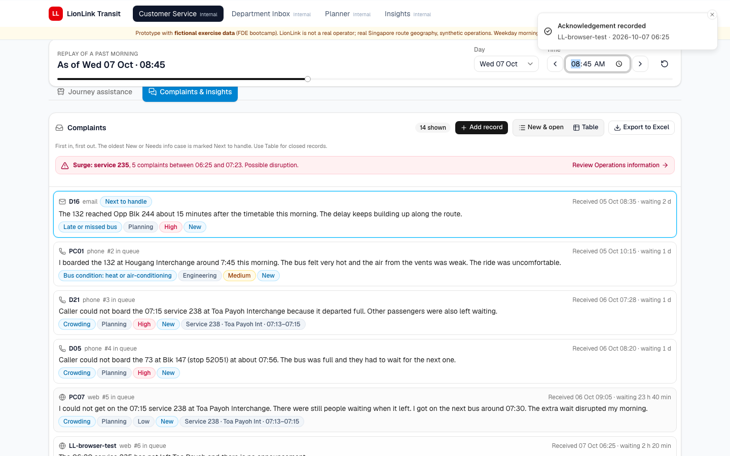 The complaint queue with a red banner reading 'Surge: service 235, 5 complaints between 06:25 and 07:23. Possible disruption.' Each complaint shows its channel, category, owning department, priority and status.