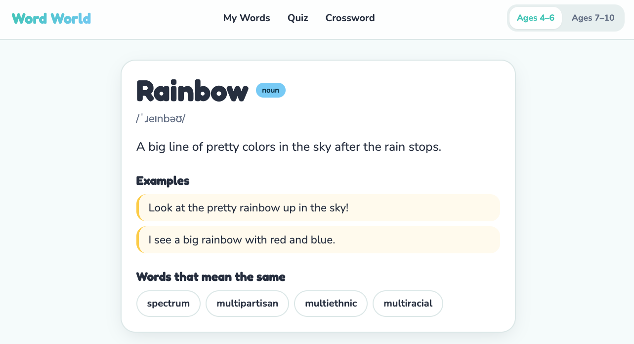 The word page for 'rainbow': a child-friendly definition, pronunciation, two example sentences and related words, with an Ages 4-6 / Ages 7-10 toggle in the header.